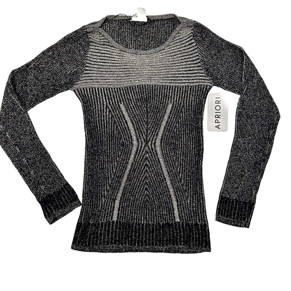 NWT Apriori/Escada Group Crewneck Black Metallic/Gold Lurex Knit Sweater SZ 8US